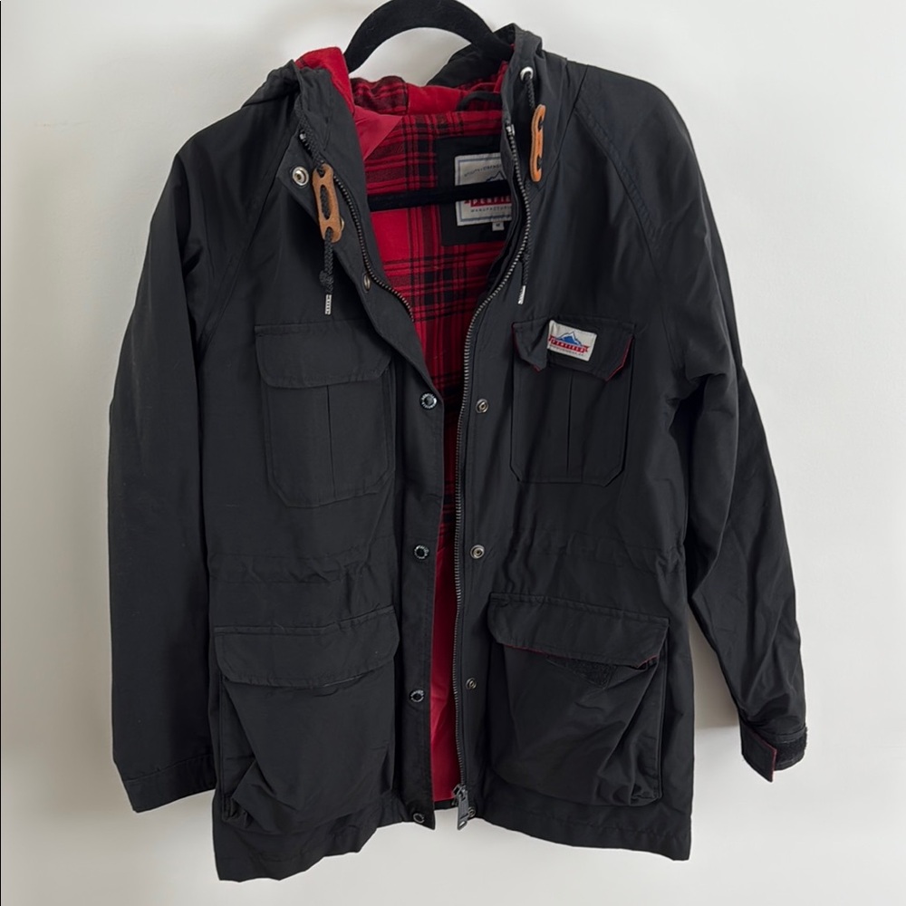 Charcoal Military Field Jacket with Red Quilted Insulation